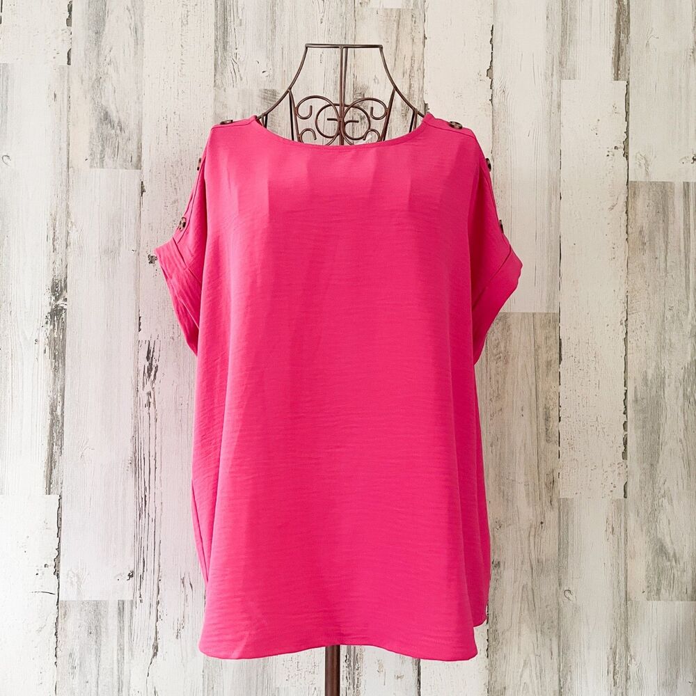 Hot Pink XL Lagenlook Short Sleeve Blouse Vacation Cruise Office Casual